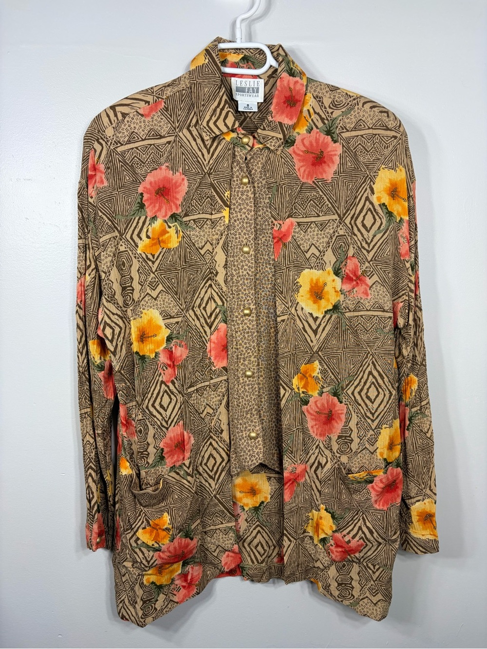 Leslie Fay Sportswear Vintage Floral Geometric Button Front Blouse Women’s 8
